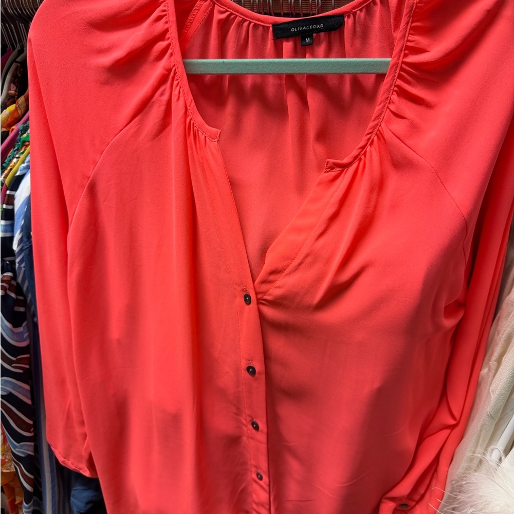 Olivaceous Coral Button-Front Women's Blouse